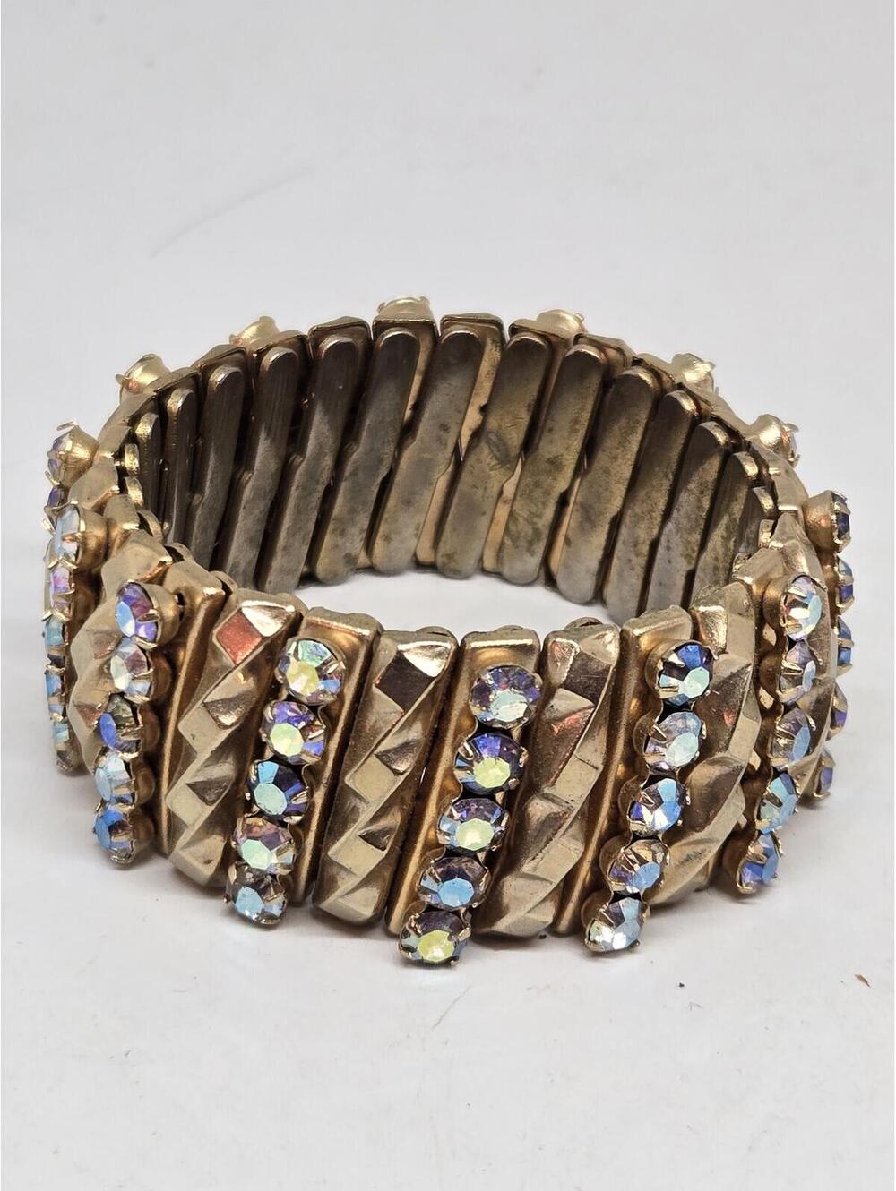 Vintage 1950s Gold Tone 1" Wide Aurora Borealis Rhinestone Stretch Bracelet